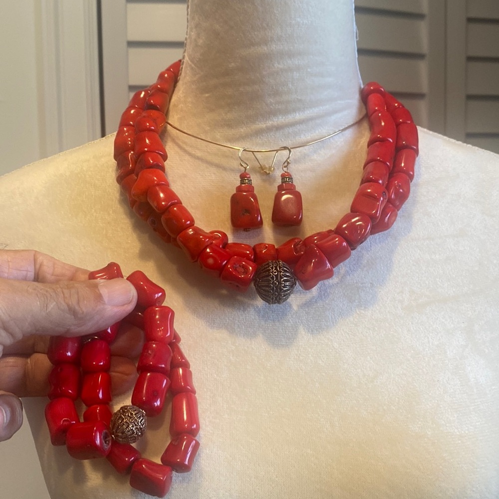 Studio Barse Coral beaded Necklace with matching bracelets and earrings